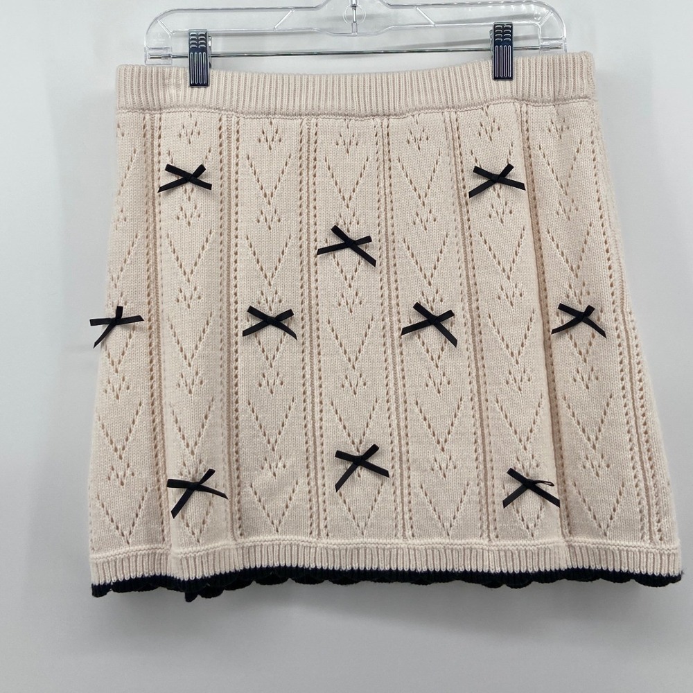 NWOT Altar'd State Ivory Black Bow Pointelle Knit Mini Skirt L Feminine Coquette